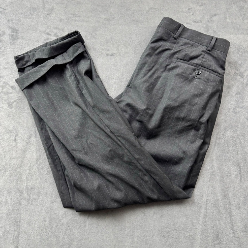 Mens Charcoal Grey Pinstripe Pleated Cuffed Dress Pants Straight Leg Trousers